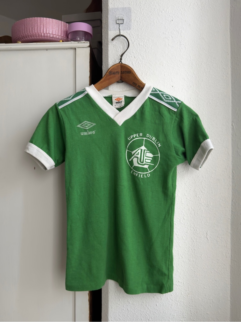 Vintage 80s Umbro vneck polycotton jersey w knit shoulder stripe, made in USA